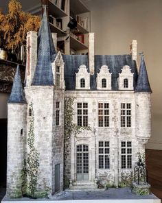 a model of a castle with ivy growing on the roof and windows, in front of a bookshelf