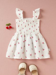 Baby Girl Cherry Print Ruffle Trim Dress White   Sleeveless Cotton Fruit&Vegetable A Line Non-Stretch  Baby Girls Clothing, size features are:Bust: ,Length: ,Sleeve Length: Ruffle Trim Dress, Trim Dress, Cherry Print, White Sleeveless, Kids Beachwear, Girl Dresses, Bra Women