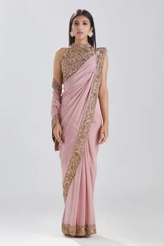 Shop for Megha Bansal Pink Crepe Noor Vrit Saree And Embroidered Blouse Set for Women Online at Aza Fashions Pink Self-design Pre-draped Saree For Eid, Elegant Pink Pre-draped Saree For Festivals, Pink Pre-draped Saree In Traditional Drape For Eid, Pink Pre-draped Saree With Traditional Drape For Eid, Pink Pre-draped Saree For Eid, Elegant Pink Pre-draped Saree For Navratri, Elegant Pink Saree For Navratri, Pink Blouse Piece For Reception, Pink Saree With Traditional Drape For Reception