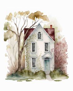 a watercolor painting of a house in the woods