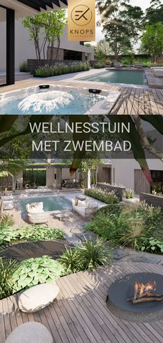 an outdoor fire pit surrounded by greenery and plants with the words wellnestun met zwembad