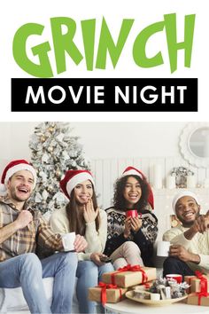 group of people sitting on couch in front of christmas tree and presents with text overlay that reads grin movie night