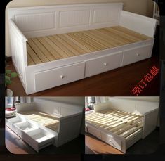 the bed has drawers underneath it and is made out of white plywood planks