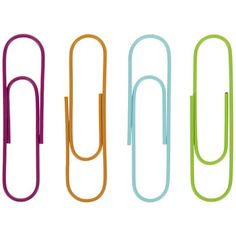 four paper clips in different colors on a white background