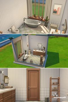 three different views of a bathroom and living room in the same house, with two separate rooms on each side