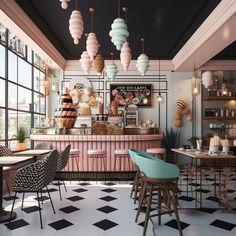 a restaurant with black and white checkered flooring, pink bar stools and hanging lights