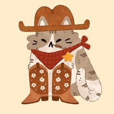 A grey and white cat dressed in a cowboy outfit. A brown cowboy hat is sitting on their head while its wearing very big cowboy boots that take up half its body. A red bandana and a yellow sheriff badge are around its neck! Below is a text that says: Meowdy Pawtner. Cowboy Cat Painting, Cat With Cowboy Hat Drawing, Cat Cowboy Illustration, Cute Cowboy Drawing, Cowboy Cat Art, Cowgirl Illustration Art, Cowboy Cat Drawing, Birthday Cat Drawing, Cat In Cowboy Hat