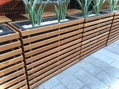 several wooden planters with plants in them