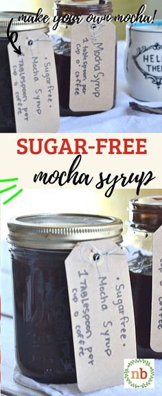 three jars of sugar - free mocha syrup on a table with labels for each jar