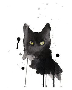 a black cat with yellow eyes sitting in front of a white background and watercolor stains