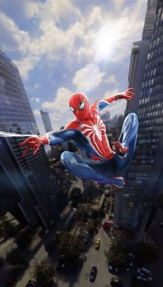 a spider man flying through the air over a city