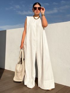 Sleeveless Wide Leg Shoulder Pad Solid Color Jumpsuits BLACK-L Wide Leg Jumpsuits, Solid Color Jumpsuits, Linen Style, White Jumpsuit, Moda Vintage, Looks Chic, Mode Inspiration, Wide Leg Jumpsuit, Black Jumpsuit