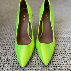 Never Worn! Neon Yellow Fitted High Heels, Fitted Neon Yellow High Heels, Lime Green Heels For Spring Party, Yellow Pointed Toe Heels, Neon Yellow Heels For Evening, Lime Green Heels For Spring, Spring Lime Green Heels, Neon Yellow Pointed Toe Heels For Party, Chic Neon Yellow Pointed Toe Heels