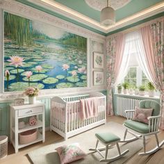 a baby's room decorated in pastel colors with flowers and water lilies