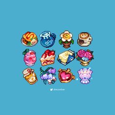 pixel art with different types of food and drinks on blue background, including cake, ice cream