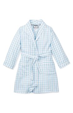 Give your little gent a lightweight layer for lazy mornings with this softly brushed cotton-blend woven robe patterned with cheery blue gingham. Its patch pockets, shawl collar and neat piping all make it cute and sophisticated. Style Name:Petite Plume Kids' Gingham Robe (Baby, Toddler, Little Kid & Big Kid). Style Number: 6255874. Light Blue Gingham, Kids Robes, Gingham Pattern, Blue Gingham, Gingham Print, Janie And Jack, Petite Outfits, Sleepwear Women, Shawl Collar