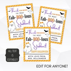 three halloween printables with the words fab - boo - loous and happy halloween