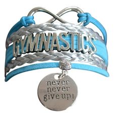 a blue and silver bracelet with the words gymnastics on it