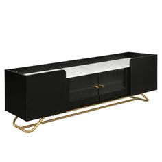 a black and gold entertainment unit with two doors