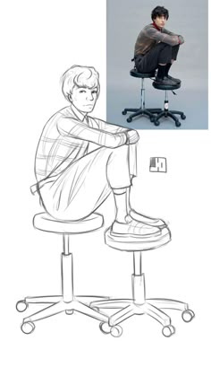 a drawing of a man sitting on top of a chair next to a computer desk