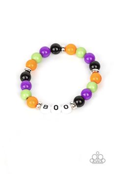 Colorful bracelets in assorted colors and shapes. The word "BOO" is spelled out on white beads creating playful spooky excitement. This stretchy beaded bracelet is in multicolor patterns.

 Sold as one stretch bracelet. White Novelty Stretch Bracelet With Round Beads, Novelty White Stretch Bracelet With Round Beads, White Beaded Novelty Stretch Bracelet, White Novelty Beaded Stretch Bracelet, Playful Black Beaded Bracelets With Letter Beads, Novelty Multicolor Beaded Bracelets For Halloween, Novelty Stretch Bracelet With Colorful Beads, Novelty Multicolor Wristband With Letter Beads, Novelty White Bracelets With Letter Beads