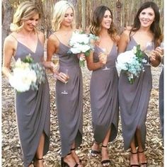 the bridesmaids are all wearing gray dresses