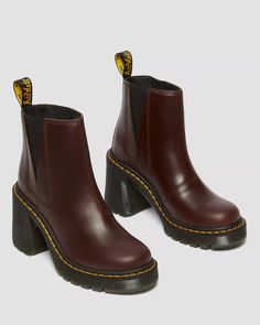 Spence Pull Up Leather Flared Heel Chelsea Boots in Dark Brown | Dr. Martens Fall Footwear, Dr Martens Chelsea Boots, Chelsea Boots Outfit, Heeled Chelsea Boots, Trendy Boots, Bike Shoes, Fashion Plates, Boots Outfit