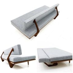 three different angles of a couch with the seat folded back and foot rest extended to one side