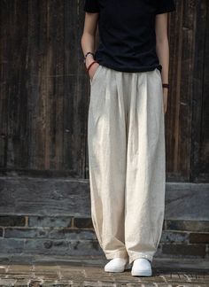 Lasaky - Artistic Loose-Fit Sand-Washed Casual Straight-Leg Pants in Lightweight Cotton and Linen Lantern Style Baggy Pants Women, Loose Linen Pants, Cotton Linen Trousers, Top Wedding Dresses, Bandage Dress Bodycon, Costume Intero, Leather Dresses, Linen Trousers, Vintage Elegant