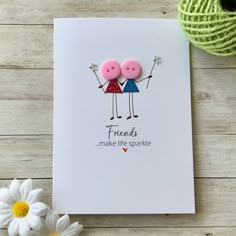 "Friends make life sparkle" how true is this saying? Send a little sparkle to someone you love with these cute sparkly button people. Made From: This card is hand drawn on white card stock by me, each card is unique and comes with a white envelope. Size:The card is A6 portrait (148mm x 105mm) The inside of this card is left blank for you to write your own message. Birthday Cards Diy Inside, Gifts For Best Friends Homemade, Birthday Card Craft For Best Friend, Best Friend Homemade Gifts, Unique Best Friend Birthday Gift Ideas Handmade, Homemade Birthday Cards For Friends, Simple Greeting Card Ideas, Homemade Gift For Best Friend, Unique Best Friend Birthday Gift Ideas