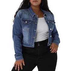 About us: A female plus-size brand inspired by the need of its customers. We hope our clothing can match you into various occasions, by the proper tailoring to show your perfect curve and the comfortable fabrics enables you a pleasant experience.This cropped denim jacket with pockets never go out of style! With contrasting white stitching throughout, it features five buttons placket, button tab cuffs, and button tab accents along the hemline. You can wear it with absolutely any outfit for an ins Long Sleeve Jean Jacket, Plus Size Cropped, Denim Jeans Fashion, Button Outfit, Plus Size Coats, Cropped Long Sleeve, Jacket Outfit, Denim Material, Cropped Denim Jacket