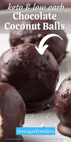 chocolate coconut balls on a plate with text overlay that reads keto & low carb chocolate coconut balls