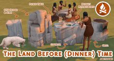 the land before dinner time is depicted in an animated style with animals and people around it