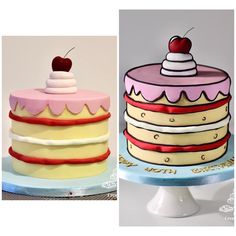 two cakes decorated with icing and cherry toppings, one in yellow and the other in pink