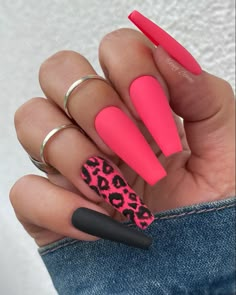 Long Coral Nails, Matte Black And Teal Nails, Neon Pink Nails With Design, Trendy Long Nails 2023, Coffin Acrylic Nails Neon, Coral Leopard Nails, Neon Coral Nails Design, Trending Acrylic Nails 2023 Summer, Hot Pink Coffin Nail Ideas