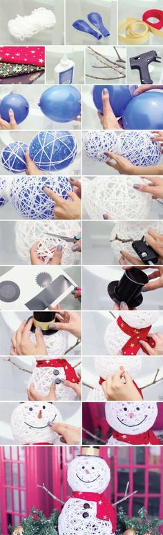 many different pictures of various objects being made with yarn and plastic scissors on the table