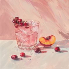 a painting of a glass with ice and cherries on the table next to it