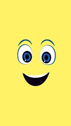 a smiley face with blue eyes and one big smile on it's face, in front of a yellow background