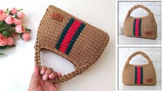 the purse is made out of straw and has multicolored stripes