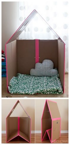 the cardboard house is made to look like a bed