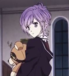 an anime character with purple hair holding a teddy bear in her arms and looking at the camera