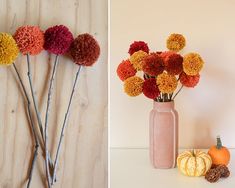 there are three different types of flowers in vases and one is made out of yarn