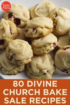 a plate full of cookies with white frosting on top and the words 80 divine church bake sale recipes