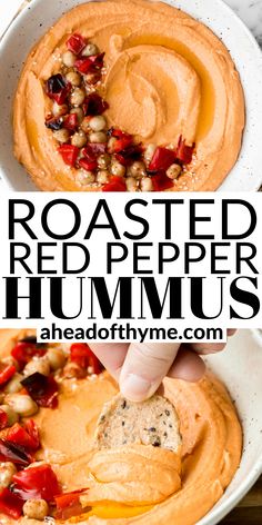 roasted red pepper hummus in a white bowl with a hand dipping them into the dip