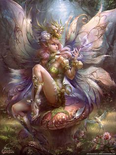 a pretty fairy sitting on top of a mushroom in the forest with her wings spread