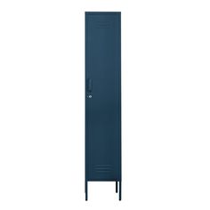 a tall blue locker sitting on top of a white wall