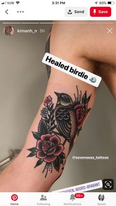 a person with a bird tattoo on their arm and the words healed birds above it