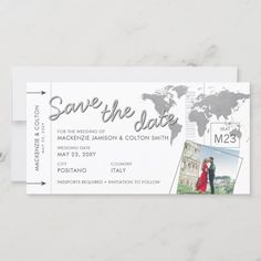 save the date postcard with photo and world map