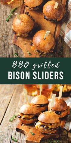 bbq grilled bison sliders on a wooden cutting board with text overlay