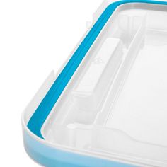 a blue and white plastic container with two compartments